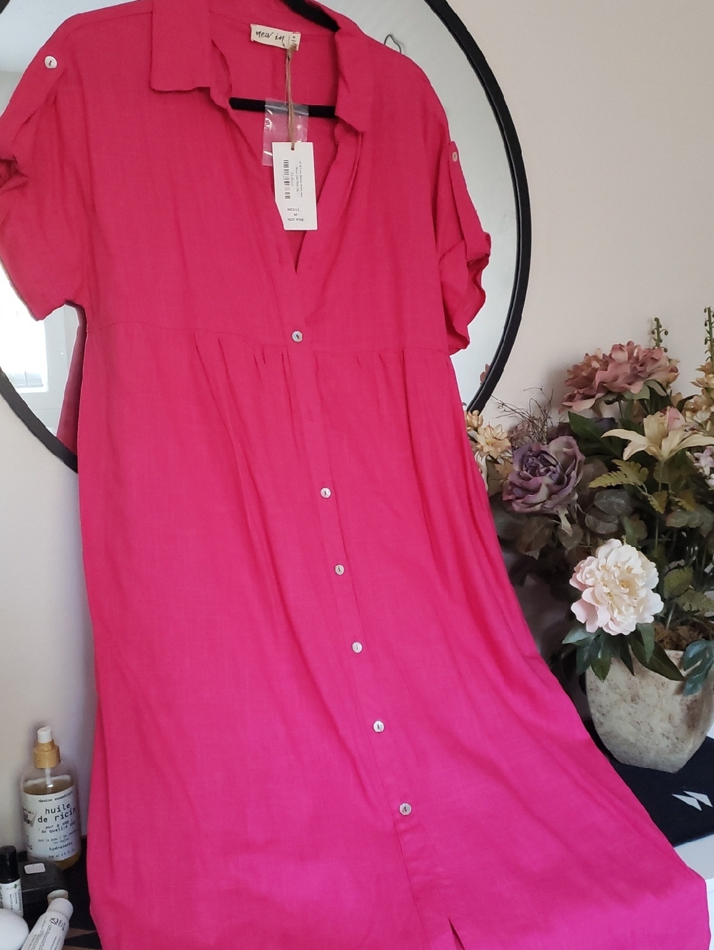 Bright Pink Button-Front Shirt Dress